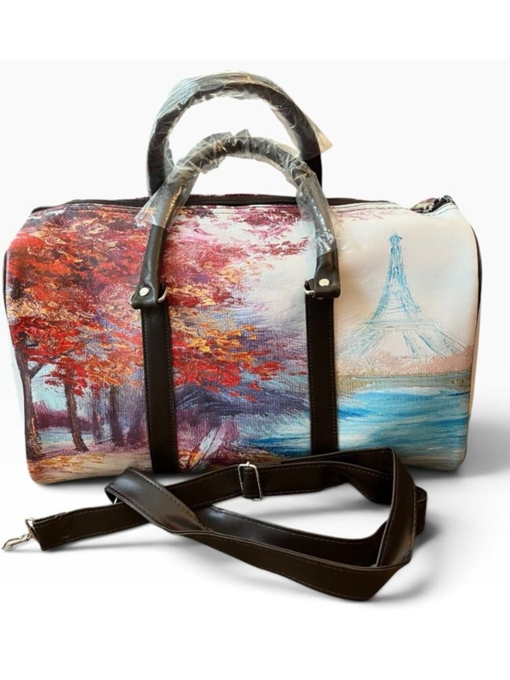 Paris Eiffel Tower River Seine Travel Duffel Bag Overnight Convertible Purse NWT